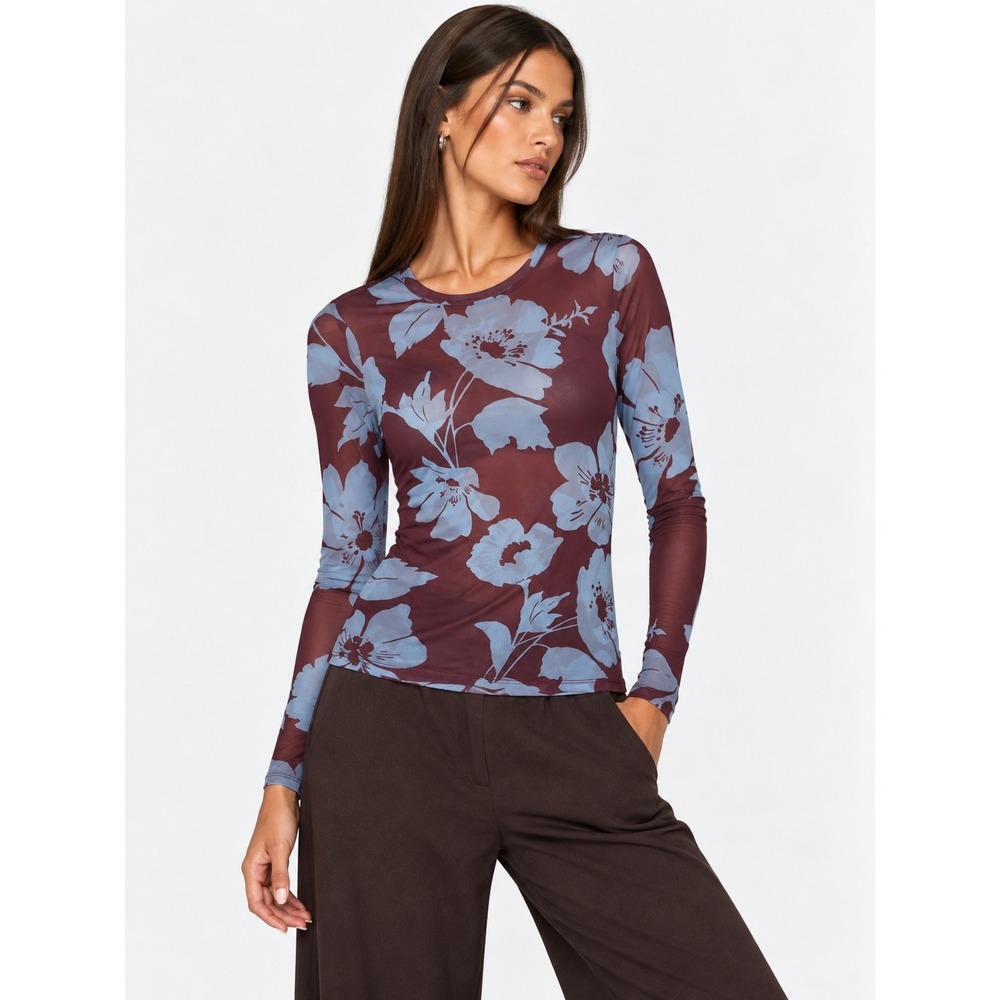 AFRM Los Angeles Mesh Floral Long Sleeve Top Burgundy Blue S NWOT New